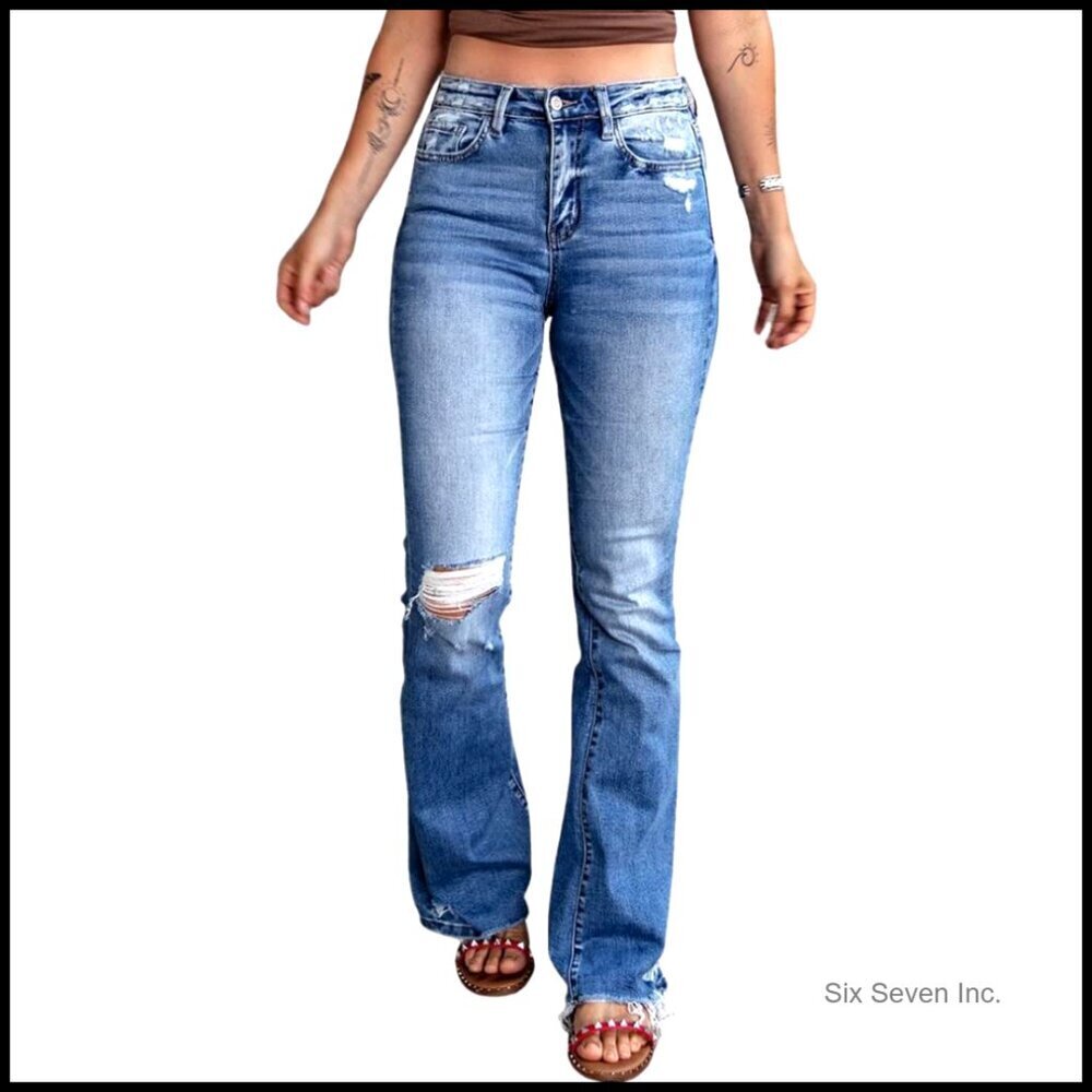 Ripped Flared Jeans Stretchy Denim Pants Bootcut Retro Y2K Chic